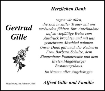 Traueranzeige von Gertrud Gille  von Magdeburger Volksstimme