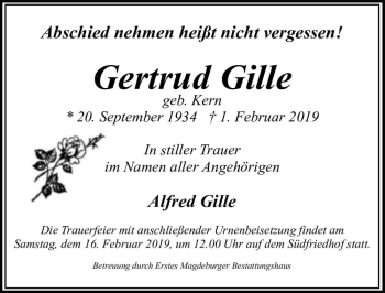 Traueranzeige von Gertrud Gille (geb. Kern)  von Magdeburger Volksstimme