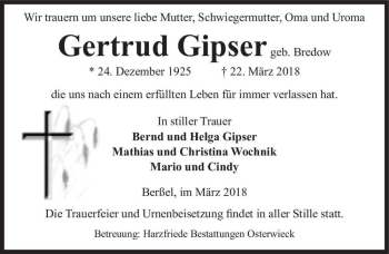Traueranzeige von Gertrud Gipser (geb. Bredow)  von Magdeburger Volksstimme