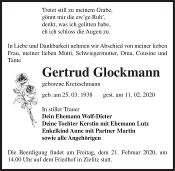 Traueranzeige von Gertrud Glockmann (geb. Kretzschmann)  von Magdeburger Volksstimme