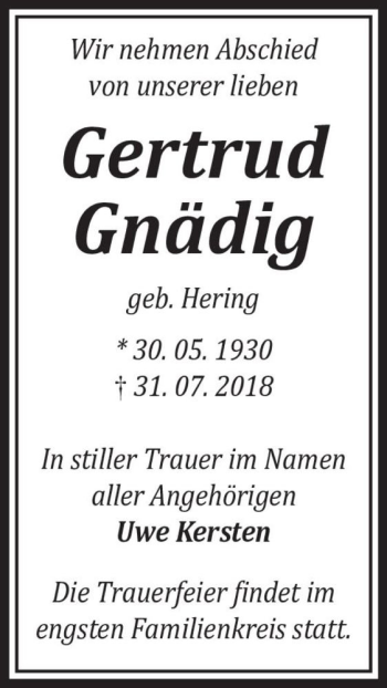 Traueranzeige von Gertrud Gnädig  von Magdeburger Volksstimme