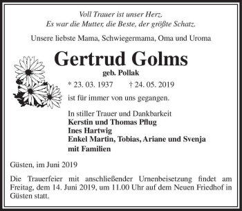Traueranzeige von Gertrud Golms (geb. Pollak)  von Magdeburger Volksstimme