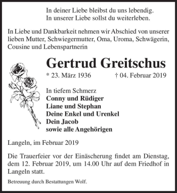 Traueranzeige von Gertrud Greitschus  von Magdeburger Volksstimme