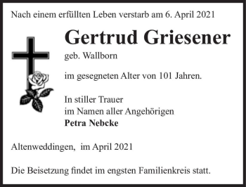 Traueranzeige von Gertrud Griesener (geb. Wallborn)  von Magdeburger Volksstimme