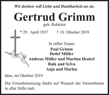 Traueranzeige von Gertrud Grimm (geb. Rebitzer)  von Magdeburger Volksstimme