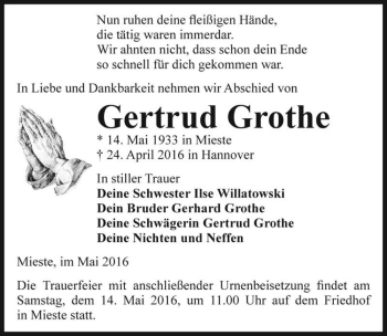 Traueranzeige von Gertrud Grothe  von Magdeburger Volksstimme