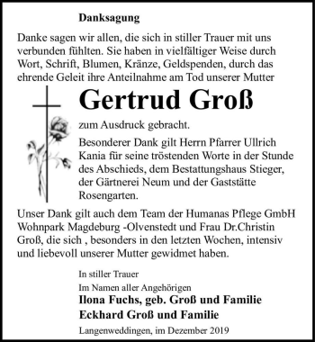 Traueranzeige von Gertrud Groß  von Magdeburger Volksstimme