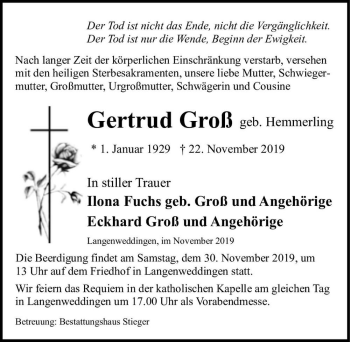 Traueranzeige von Gertrud Groß (geb. Hemmerling)  von Magdeburger Volksstimme