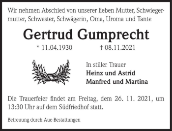 Traueranzeige von Gertrud Gumprecht  von Magdeburger Volksstimme