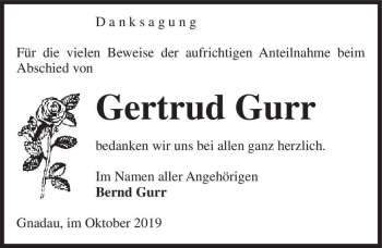 Traueranzeige von Gertrud Gurr  von Magdeburger Volksstimme