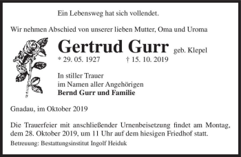 Traueranzeige von Gertrud Gurr (geb. Klepel)  von Magdeburger Volksstimme