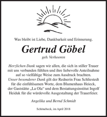 Traueranzeige von Gertrud Göbel (geb. Verhooren)  von Magdeburger Volksstimme