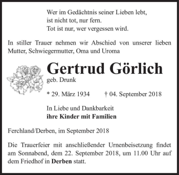 Traueranzeige von Gertrud Görlich (geb. Drunk)  von Magdeburger Volksstimme