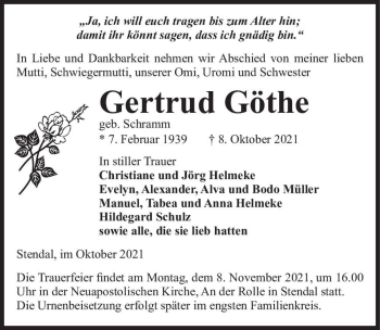 Traueranzeige von Gertrud Göthe (geb. Schramm)  von Magdeburger Volksstimme