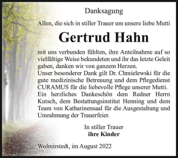 Traueranzeige von Gertrud Hahn  von Magdeburger Volksstimme