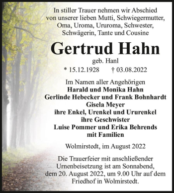 Traueranzeige von Gertrud Hahn (geb. Hanl)  von Magdeburger Volksstimme