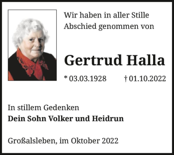 Traueranzeige von Gertrud Halla  von Magdeburger Volksstimme