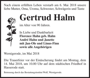 Traueranzeige von Gertrud Halm  von Magdeburger Volksstimme