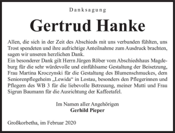 Traueranzeige von Gertrud Hanke  von Magdeburger Volksstimme