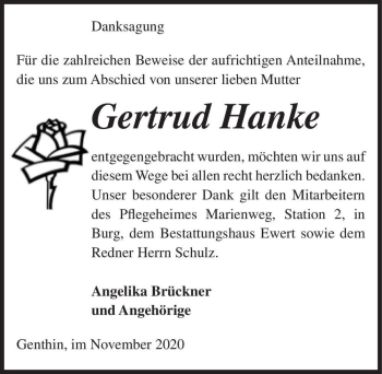 Traueranzeige von Gertrud Hanke  von Magdeburger Volksstimme