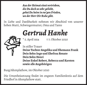 Traueranzeige von Gertrud Hanke  von Magdeburger Volksstimme