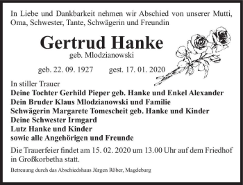 Traueranzeige von Gertrud Hanke (geb. Mlodzianowski)  von Magdeburger Volksstimme