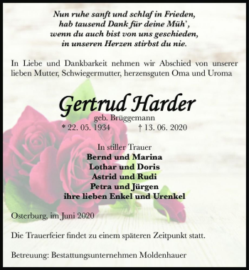 Traueranzeige von Gertrud Harder (geb. Brüggemann)  von Magdeburger Volksstimme
