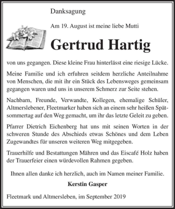 Traueranzeige von Gertrud Hartig  von Magdeburger Volksstimme