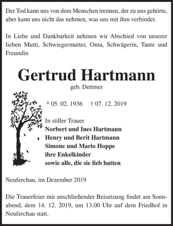 Traueranzeige von Gertrud Hartmann (geb. Dettmer)  von Magdeburger Volksstimme