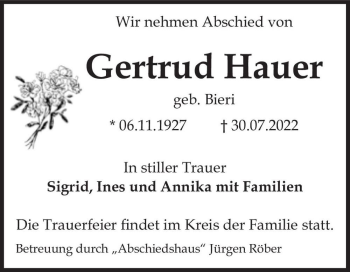 Traueranzeige von Gertrud Hauer (geb. Bieri)  von Magdeburger Volksstimme