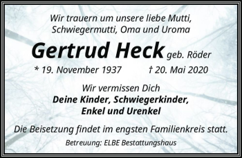 Traueranzeige von Gertrud Heck (geb. Röder)  von Magdeburger Volksstimme