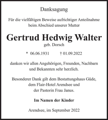 Traueranzeige von Gertrud Hedwig Walter (geb. Dorsch)  von Magdeburger Volksstimme