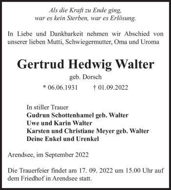 Traueranzeige von Gertrud Hedwig Walter (geb. Dorsch)  von Magdeburger Volksstimme