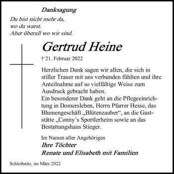 Traueranzeige von Gertrud Heine  von Magdeburger Volksstimme