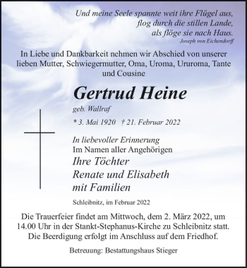 Traueranzeige von Gertrud Heine (geb. Wallraf)  von Magdeburger Volksstimme