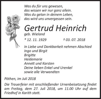 Traueranzeige von Gertrud Heinrich (geb. Wieland)  von Magdeburger Volksstimme