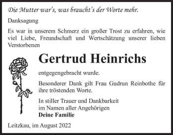 Traueranzeige von Gertrud Heinrichs  von Magdeburger Volksstimme