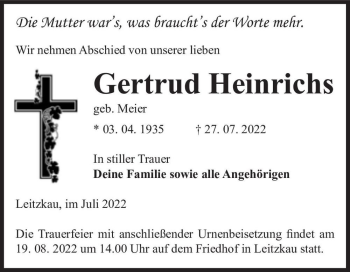 Traueranzeige von Gertrud Heinrichs (geb. Meier)  von Magdeburger Volksstimme