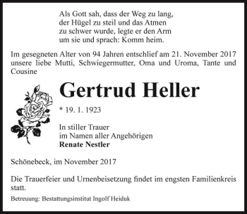 Traueranzeige von Gertrud Heller  von Magdeburger Volksstimme