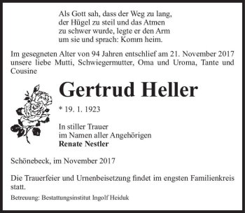 Traueranzeige von Gertrud Heller  von Magdeburger Volksstimme
