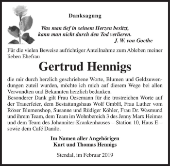 Traueranzeige von Gertrud Hennigs  von Magdeburger Volksstimme