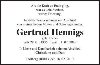 Traueranzeige von Gertrud Hennigs (geb. Köhler)  von Magdeburger Volksstimme