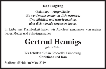 Traueranzeige von Gertrud Hennigs (geb. Köhler)  von Magdeburger Volksstimme