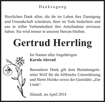 Traueranzeige von Gertrud Herrling  von Magdeburger Volksstimme