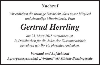 Traueranzeige von Gertrud Herrling  von Magdeburger Volksstimme