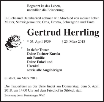 Traueranzeige von Gertrud Herrling  von Magdeburger Volksstimme