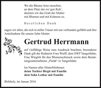 Traueranzeige von Gertrud Herrmann  von Magdeburger Volksstimme