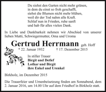 Traueranzeige von Gertrud Herrmann (geb. Hoff)  von Magdeburger Volksstimme