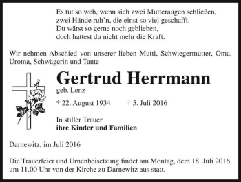 Traueranzeige von Gertrud Herrmann (geb. Lenz)  von Magdeburger Volksstimme