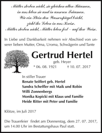 Traueranzeige von Gertrud Hertel (geb. Heyer)  von Magdeburger Volksstimme